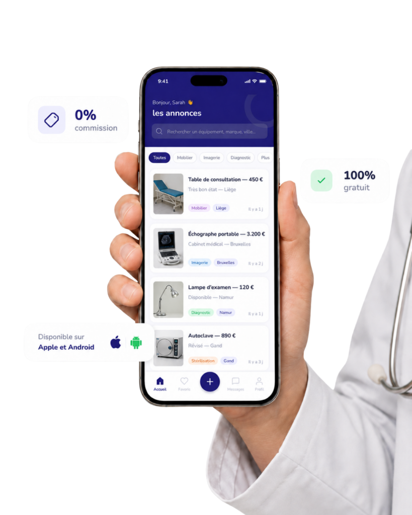 Application MyMedjob affichant des offres de matériel médical en Belgique