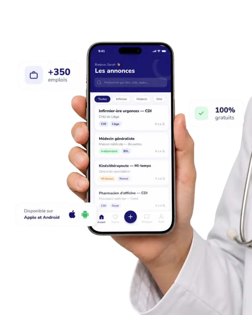 MyMedjob app displaying medical job listings in Belgium