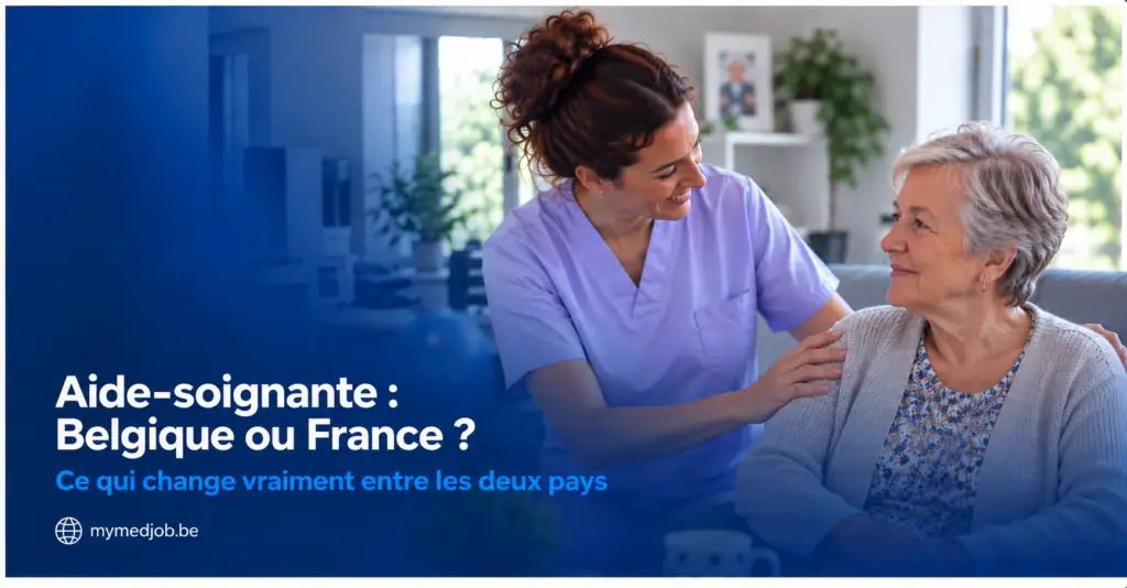 Aide-soignante accompagnant une patiente âgée, illustrant le comparatif salaire, reconnaissance du diplôme et emploi entre la Belgique et la France