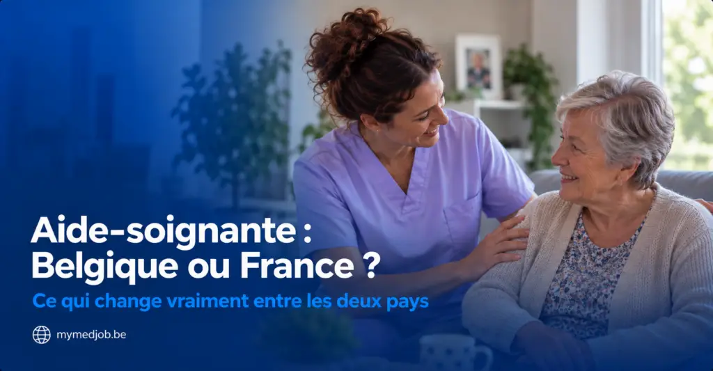 Aide-soignante accompagnant une patiente âgée, illustrant le comparatif salaire, reconnaissance du diplôme et emploi entre la Belgique et la France