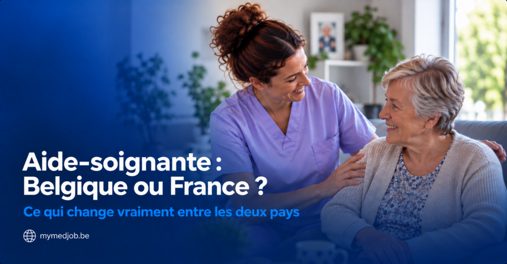 Aide-soignante accompagnant une patiente âgée, illustrant le comparatif salaire, reconnaissance du diplôme et emploi entre la Belgique et la France