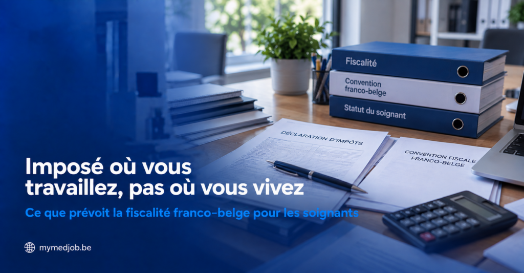 Professionnelle de santé consultant ses documents fiscaux, illustrant les règles d'imposition franco-belges pour les soignants résidant en France