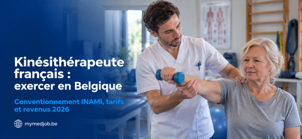 Kinésithérapeute français en séance dans un cabinet en Belgique, illustrant le conventionnement INAMI et les revenus des kinés installés en Belgique
