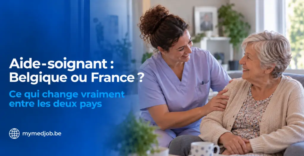 Aide-soignante accompagnant une patiente âgée, illustrant le comparatif salaire, reconnaissance du diplôme et emploi entre la Belgique et la France