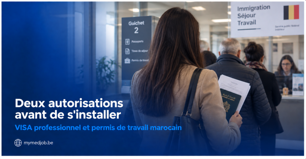Une femme brune aux cheveux longs se présente dans un service administratif pour effectuer des démarches liées à son installation en Belgique. Elle tient des documents et un passeport marocain et attend devant un guichet consacré aux démarches d’immigration, de séjour et de travail.