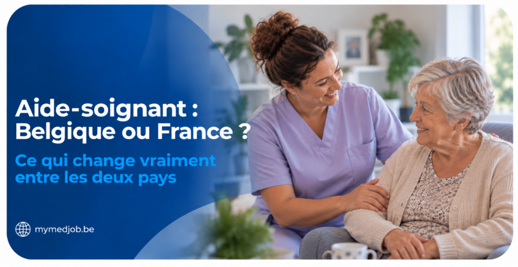 Aide-soignante accompagnant une patiente âgée, illustrant le comparatif salaire, reconnaissance du diplôme et emploi entre la Belgique et la France