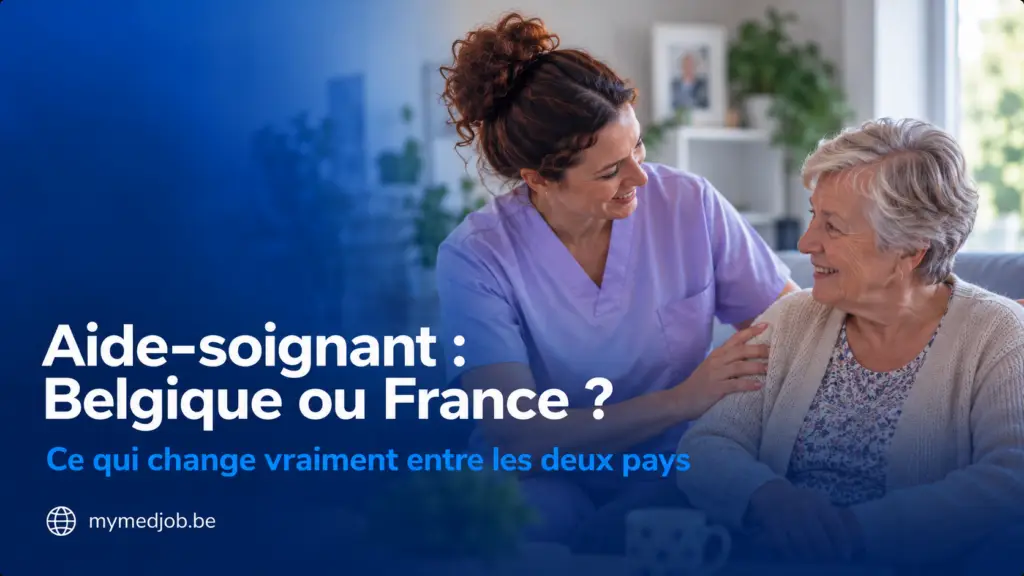 Aide-soignante accompagnant une patiente âgée, illustrant le comparatif salaire, reconnaissance du diplôme et emploi entre la Belgique et la France