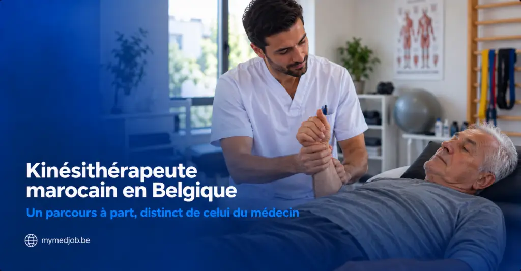Kinésithérapeute marocain en Belgique accompagnant un patient âgé en séance de kinésithérapie
