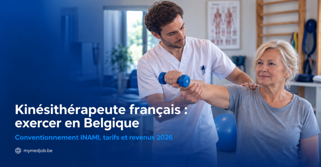 Kinésithérapeute français en séance dans un cabinet en Belgique, illustrant le conventionnement INAMI et les revenus des kinés installés en Belgique