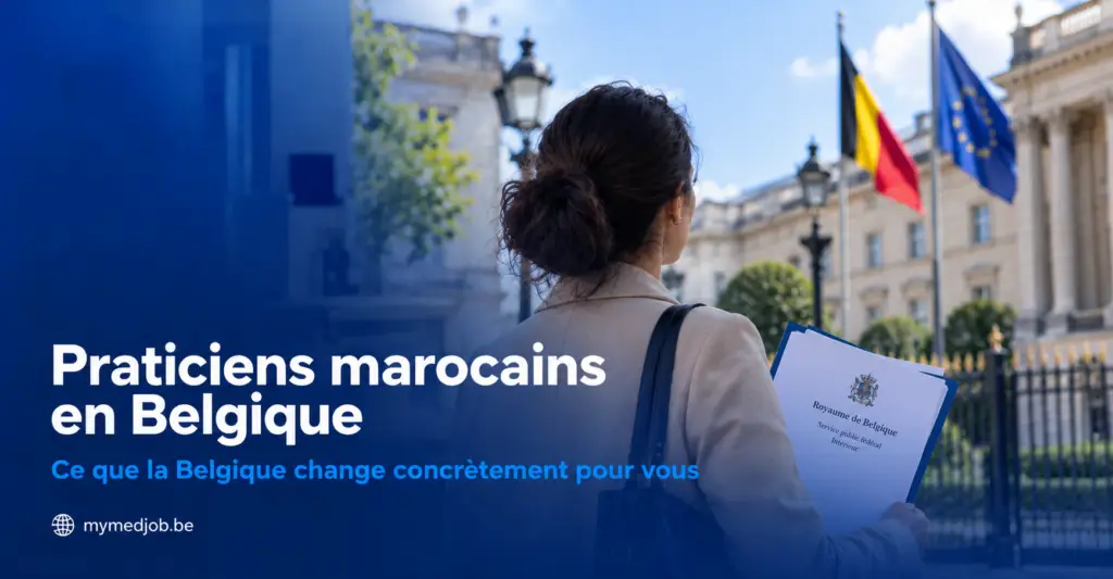 Praticienne marocaine avec son passeport devant un bâtiment administratif belge affichant reconnaissance, exercice professionnel et INAMI, drapeaux du Maroc et de la Belgique