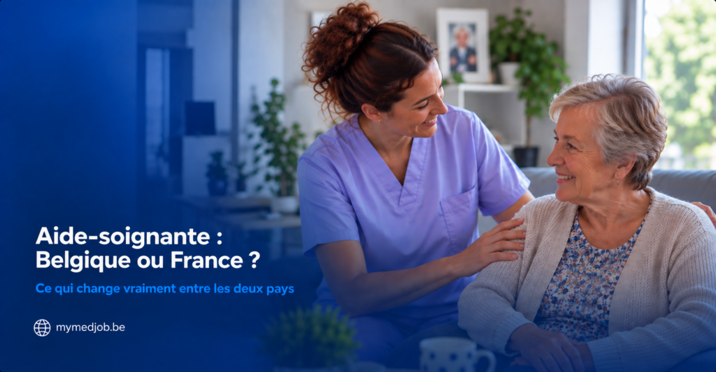Aide-soignante accompagnant une patiente âgée, illustrant le comparatif salaire, reconnaissance du diplôme et emploi entre la Belgique et la France