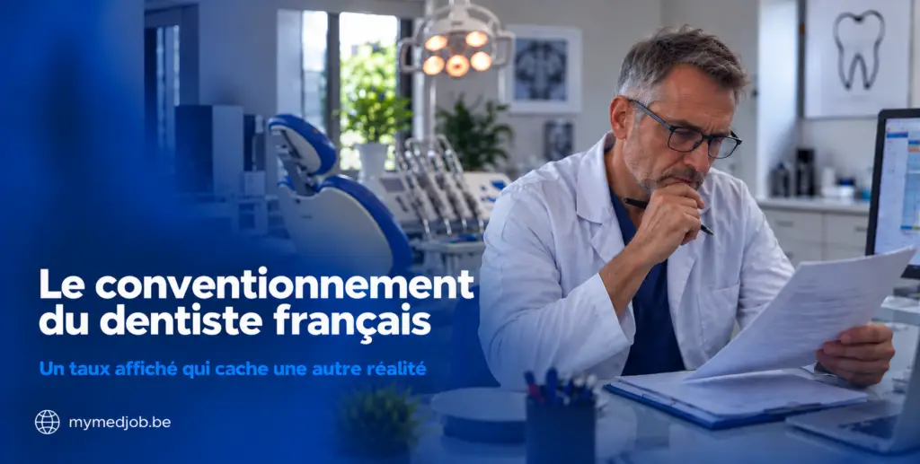 Dentiste français dans son cabinet dentaire consultant un document