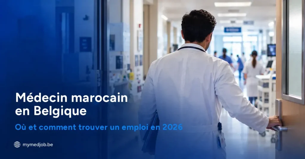 Médecin marocain en blouse blanche dans un couloir d'hôpital en Belgique