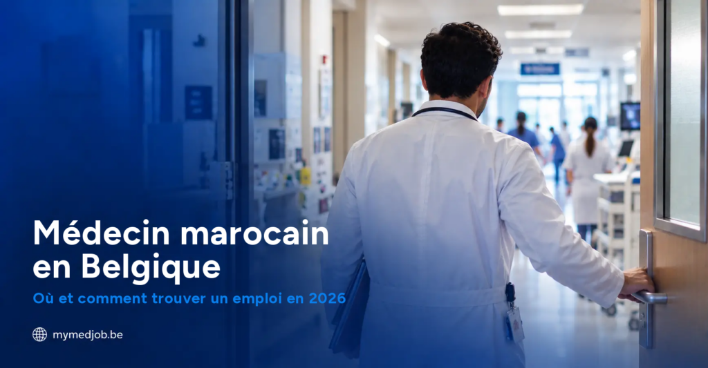 Médecin marocain en blouse blanche dans un couloir d'hôpital en Belgique